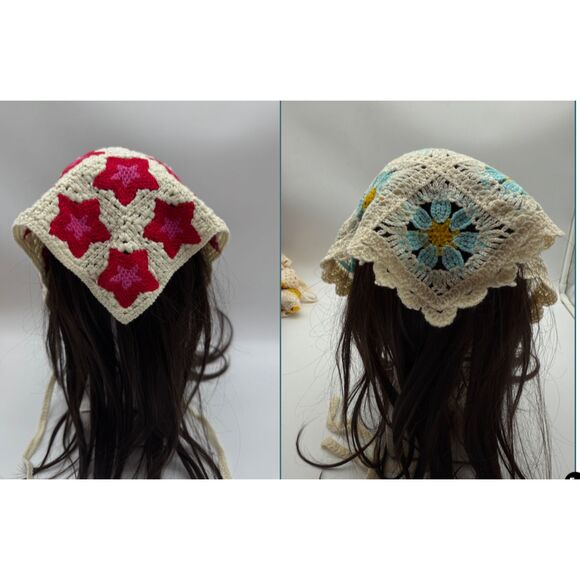 Flower and Star Crochet Bandanas Hand-made 2 pack - Picture 1 of 5